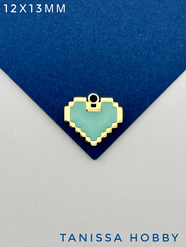Подвеска сердце майнкрафт пиксель, 12мм, голубая эмаль, сталь, позолота, Ч123
