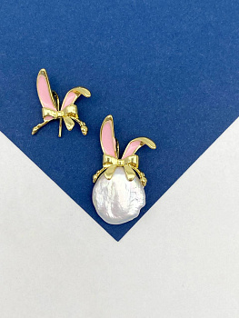 Уши зайца с бантиком для вклейки, розовая эмаль, 23х20мм, штука, позолота, В111