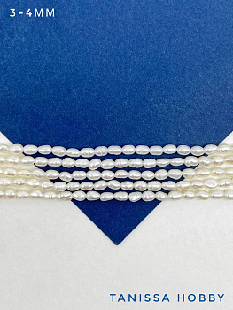 Жемчуг натуральный культивированный, рис, белый, 3-4мм, нить, А-, Ж191