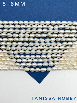 Жемчуг натуральный культивированный рис, 5-6мм, А, нить, Ж095