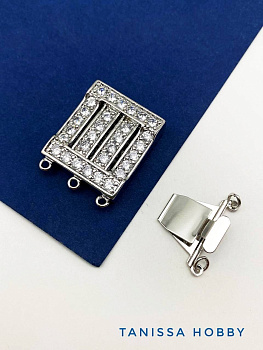 Замок карабин для многорядного колье на 3 нити, родий, Д085