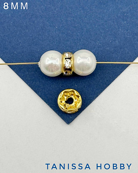 Разделители для бусин шайба с фианитами, 8мм, позолота, ШТУКА, Ю624