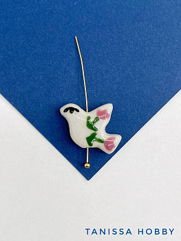 Бусина птица расписная, голубь мира, 26х20мм, керамика, розовый, П282