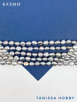 Жемчуг натуральный культивированный, картошка, серый, 6мм, 6х5мм, А, нить, Ж189