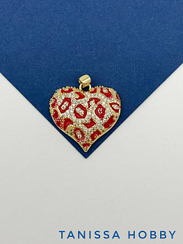 Подвеска сердце леопард красный с фианитами, 23мм, позолота, Д533