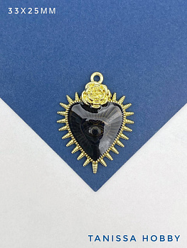 Подвеска сердце, роза и шипы, черный, позолота, Ю920