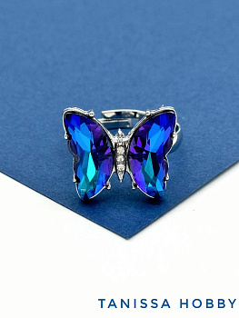 Кольцо безразмерное бабочка, Heliotrope, родий, У088