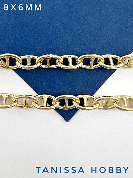 Цепочка якорная овалы кофейное зерно, 8х6мм, позолота, 50см, СН199