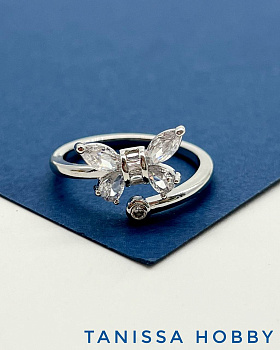 Кольцо безразмерное, бабочка, родий, У070