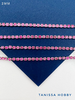 Стразовая лента цепочка SS06 2мм розовый/серебро, 10см, СТ020