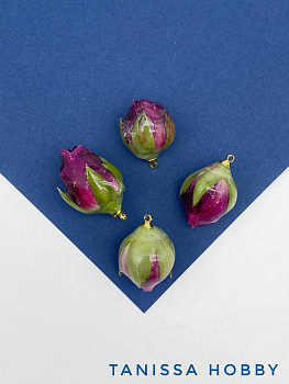 Подвеска цветок, бутон, роза в смоле, розовый, Категория В, позолота, П025