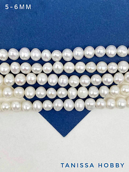 Жемчуг натуральный культивированный, круглый, яйцо, белый, 5-6мм, АА, нить, Ж197