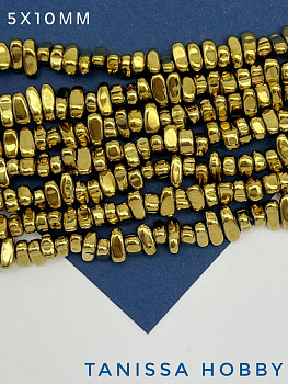 Гематин гематит крошка галтовка, 5-10 мм, темное золото, нить, ГТ036