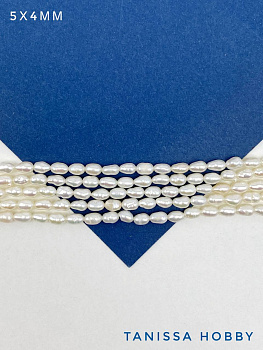 Жемчуг натуральный культивированный, рис, белый, 5х4мм, АВ, нить, Ж192