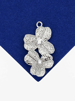 Коннектор цветок с фианитом, 27х15мм, родий, Р525