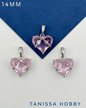 Подвеска сердце фианит розовый 14мм, родий, Ю304