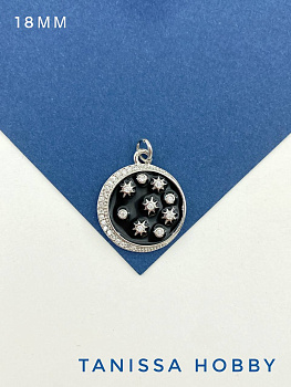 Подвеска луна и звезды черная эмаль, 18мм, родий, Ю514