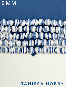 Бусина фарфоровая, 8мм, полоска, синий, штука, П093