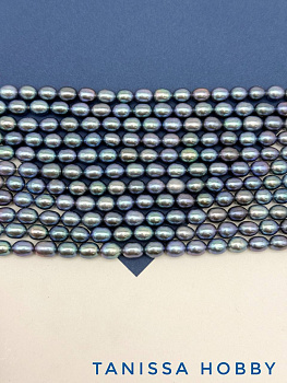 Жемчуг натуральный культивированный, рис 7-8мм, синий сизый, АА, нить, Ж210