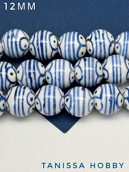 Бусина фарфоровая, 12мм, волна, синий, штука, П068