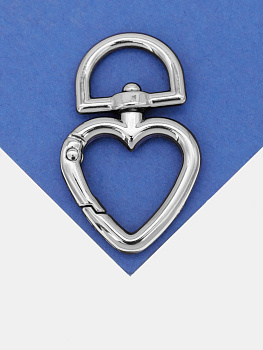 Карабин сердце, основа для брелка, родий, КР004