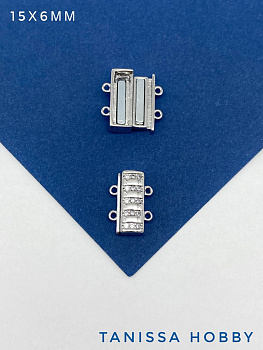 Замок магнитный многорядный на 2 нити с фианитами, 15х6мм, родий, Р016