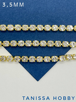 Стразовая лента цепочка SS14 3,5мм прозрачный/ золото, 10см, СТ038