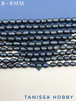Жемчуг натуральный культивированный, рис 8-9мм, синий, АВ, нить, Ж099