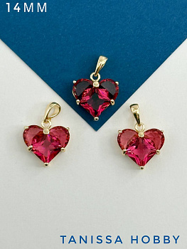 Подвеска сердце фианит малиновый 14мм, позолота, Ю311