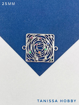 Коннектор квадрат с цветными фианитами, 25мм, родий, Ю830