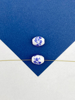 Бусина фарфоровая, керамика, 10х8мм, овал, рис, синий, гжель, штука, П254