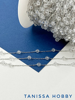 Цепочка тонкая с хрустальными прозрачными ронделями, 50см, родий, СН200