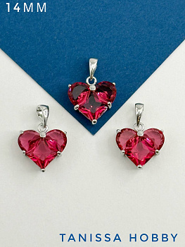 Подвеска сердце фианит малиновый 14мм, родий, Ю305