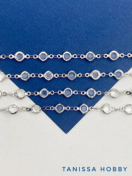 Цепочка тонкая, хрусталь 7мм, прозрачный, 50см, родий, СН238