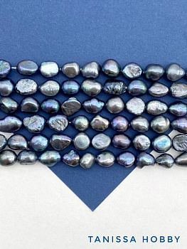 Жемчуг барочный картошка, культивированный, синий черный 9-10мм, АВ, нить, Ж059