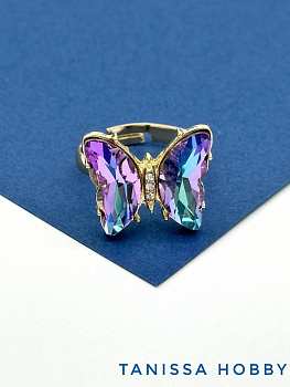 Кольцо безразмерное бабочка, Vitral light, позолота, У087