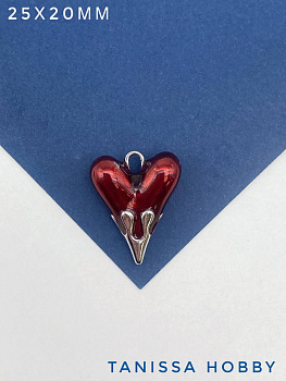 Подвеска сердце 25х20мм, красная эмаль, родий, Д401