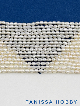 Жемчуг натуральный культивированный, рис, белый, 3-4мм, нить, А-, Ж039