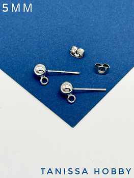 Швензы пусеты шарики, 5мм, родий, Е317