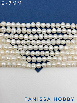Жемчуг натуральный культивированный, круглый, яйцо, 6-7мм, А-, нить, Ж103