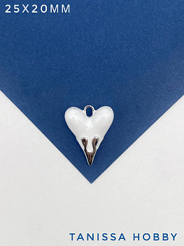 Подвеска сердце 25х20мм, белая эмаль, родий, Д404