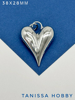 Подвеска объемное сердце, 38х28мм, родий, Р602