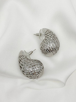 Серьги пусеты капли узор, 32х18мм, родий, 940
