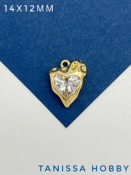 Подвеска сердце, прозрачный фианит, 14х12мм, позолота, Р624