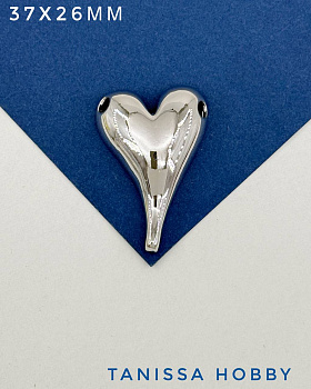 Подвеска бусина сердце крупное 37х26мм, родий, Д301