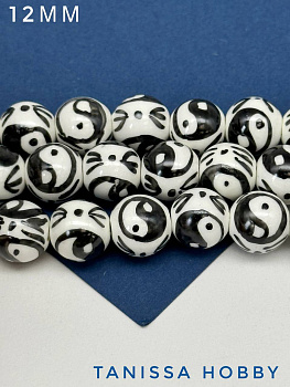 Бусина фарфоровая, 12мм, Инь-Янь, черный, штука, П061