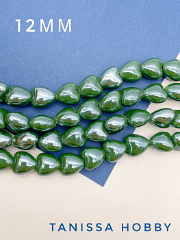 Бусина зеленая болотная фарфоровое сердце, 12мм, ШТУКА, П141