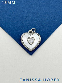 Подвеска сердце перламутр прозрачный фианит, 15мм, родий, Ю218
