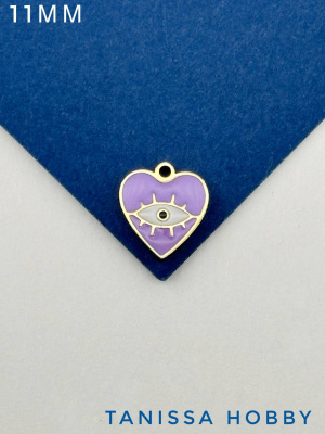 Подвеска сердце глаз, 11мм, фиолетовая эмаль, сталь, позолота, Ч120