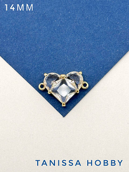 Коннектор сердце фианит, 14мм, прозрачный, позолота, А112